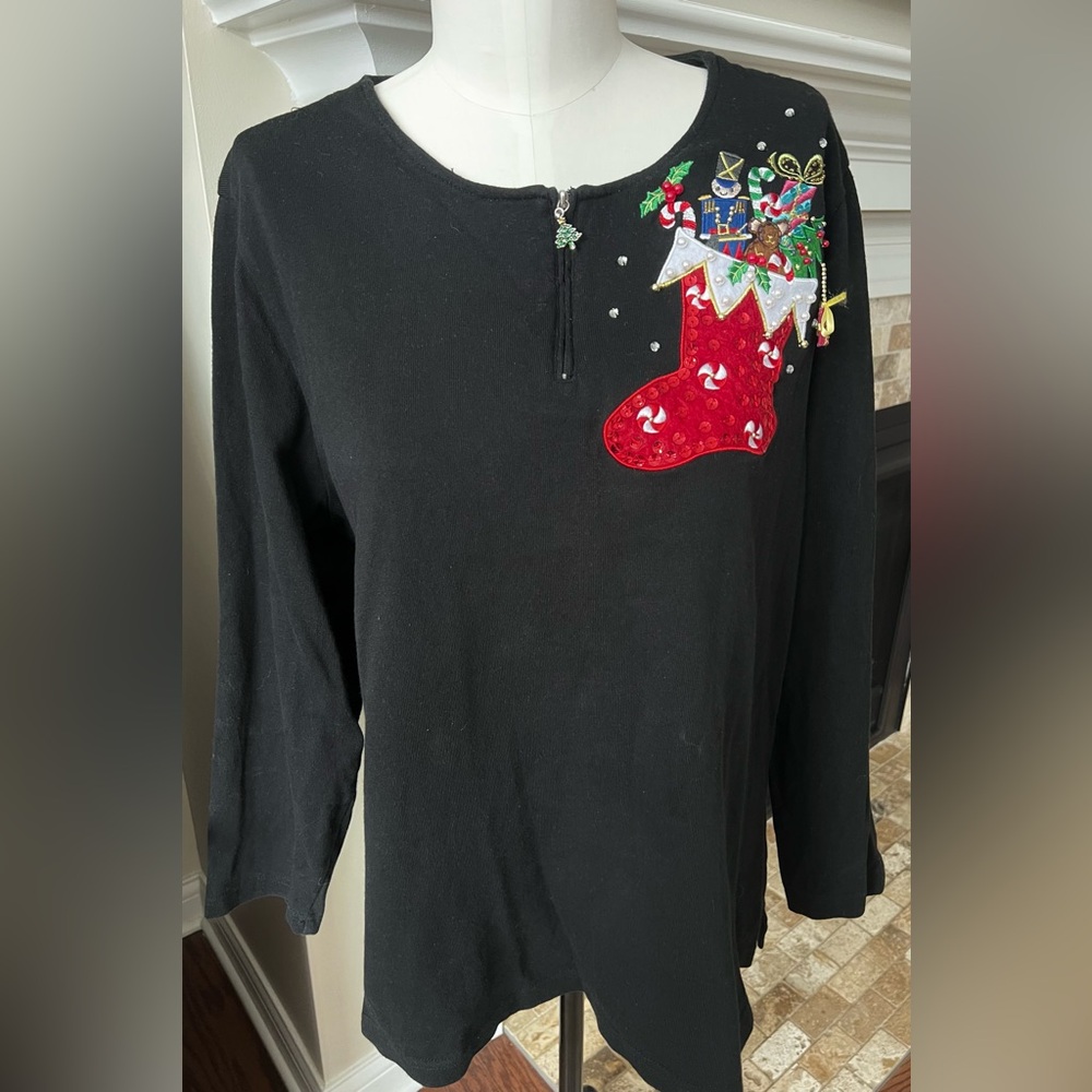 Quacker Factory 1X Cotton Christmas vintage jeweled & embellished Zipper top